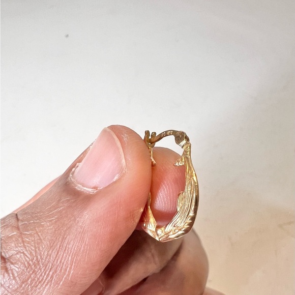 14K Pure Gold Double Dolphin Shaped Motif Hoop Earrings - Picture 7 of 11